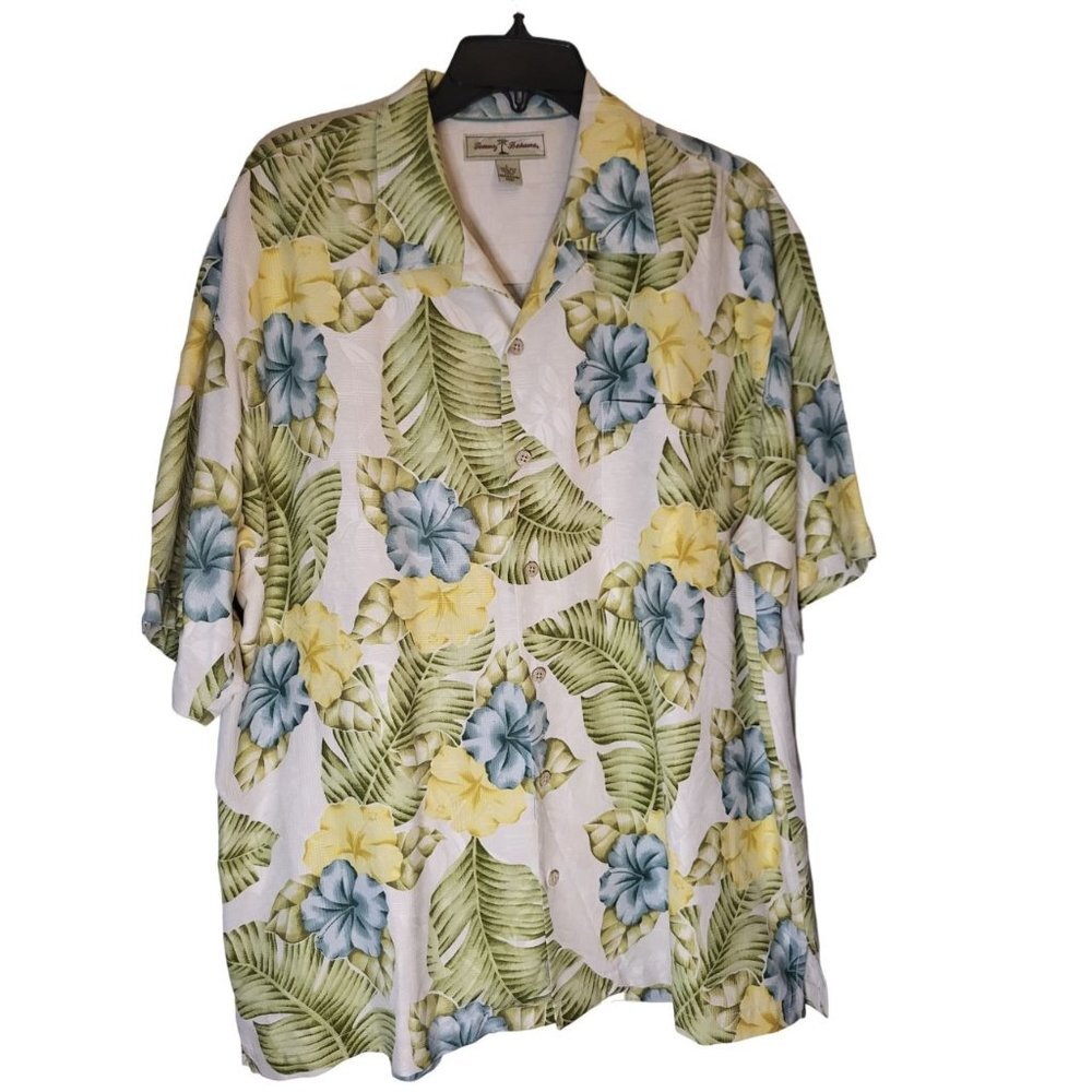 Tommy Bahama 100% silk Yellow Green Hawaiian Floral Button Down Shirt L